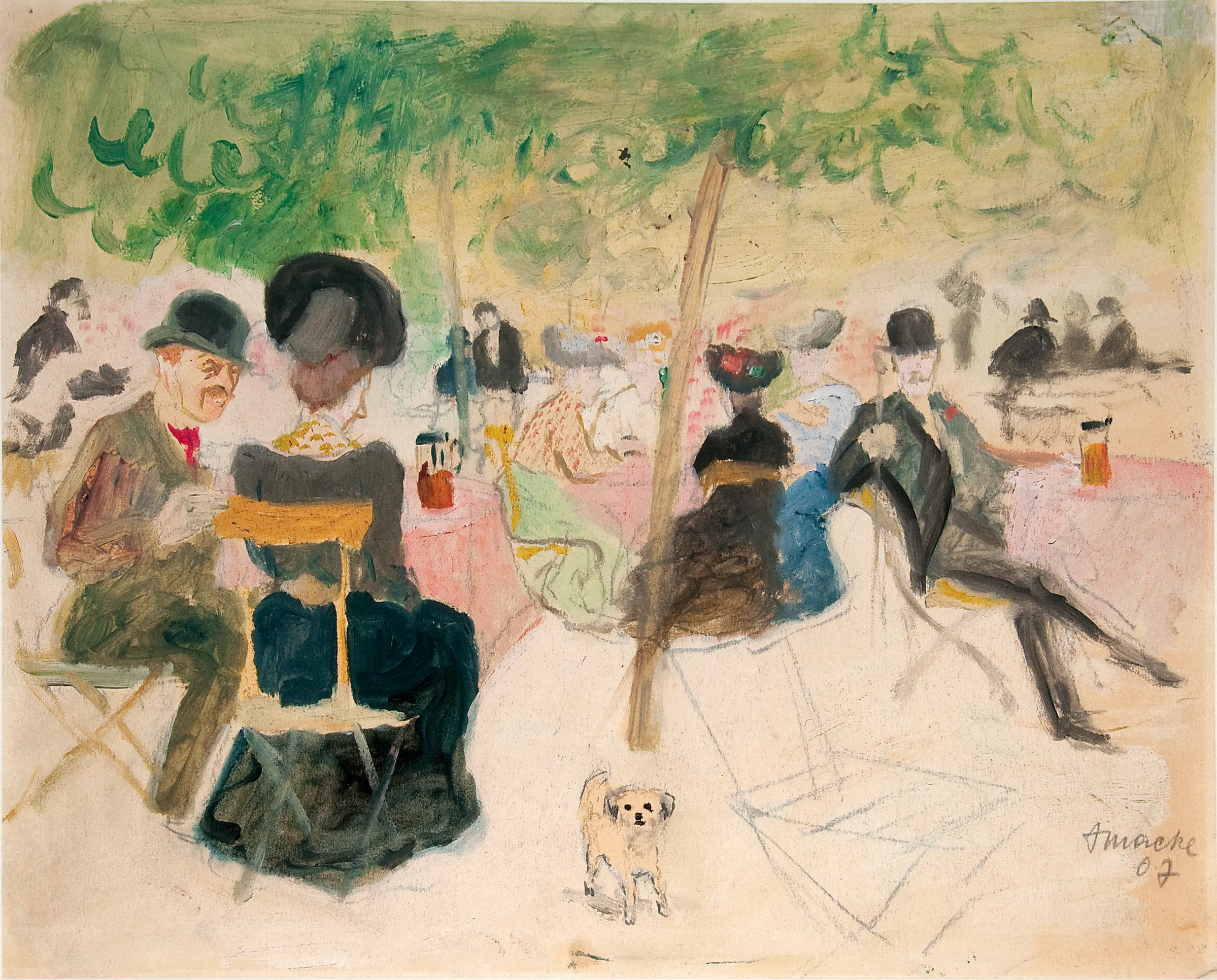 August Macke, Wirtshausgarten, 1907, Öl und Kohle auf Papier, MAMH, Dauerleihgabe aus Privatbesitz.webp