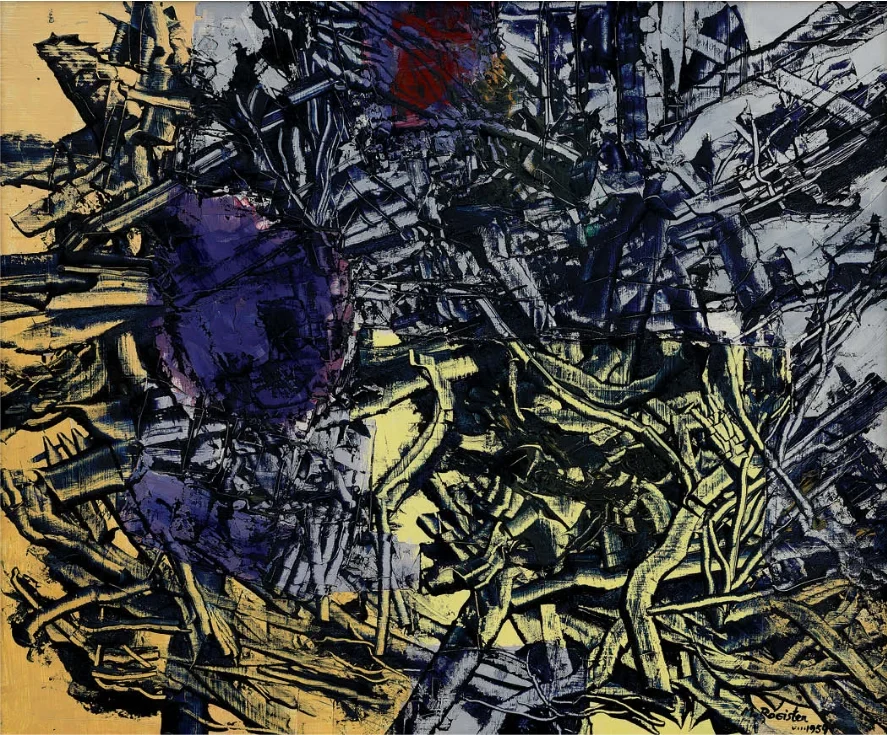 Marie-Louise von Rogister: Im Geflecht, 18. VIII: 59, 1959, Öl auf Hartfaserplatte, 54 x 65 cm