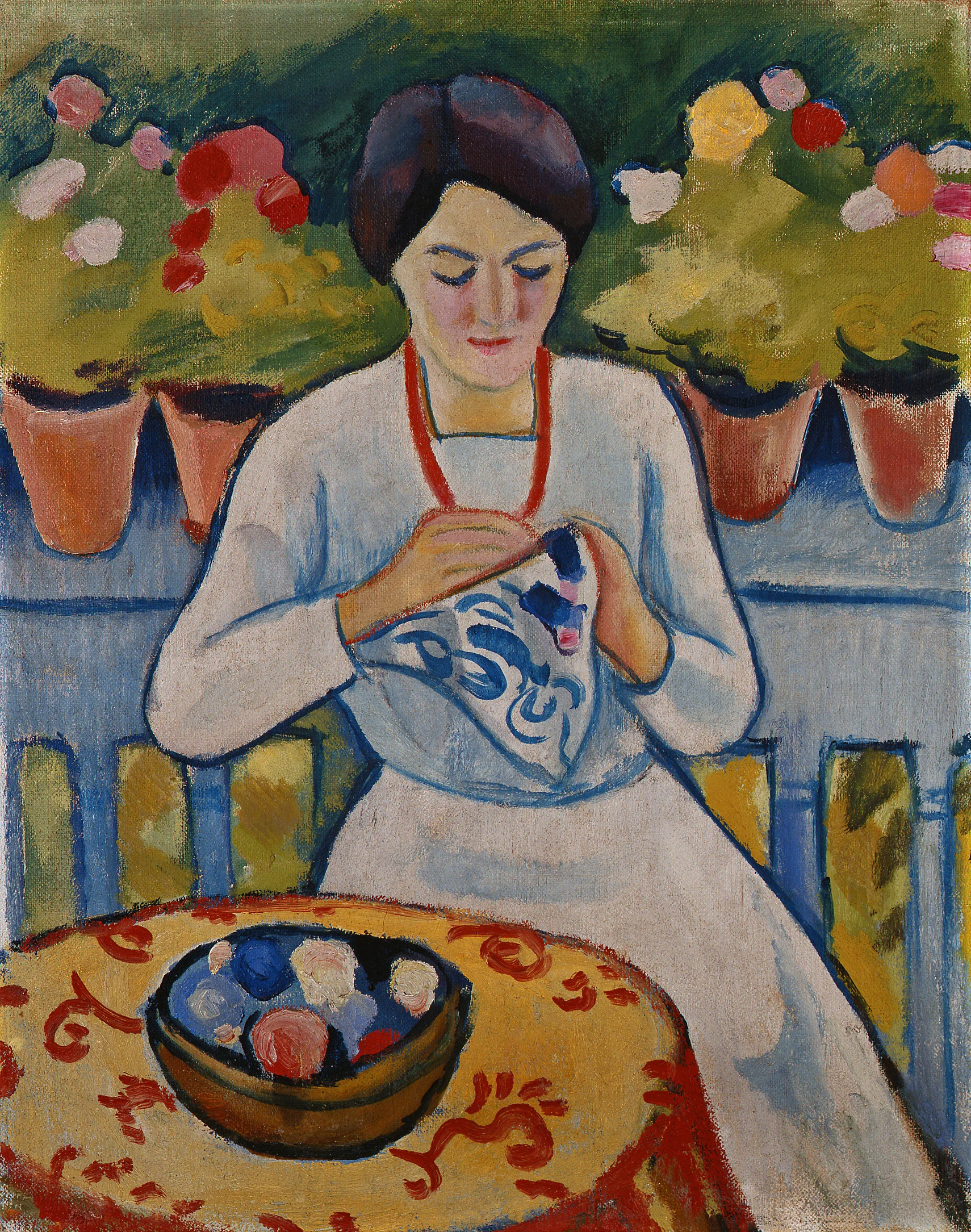 August Macke, Stickende Frau auf Balkon, 1910.webp