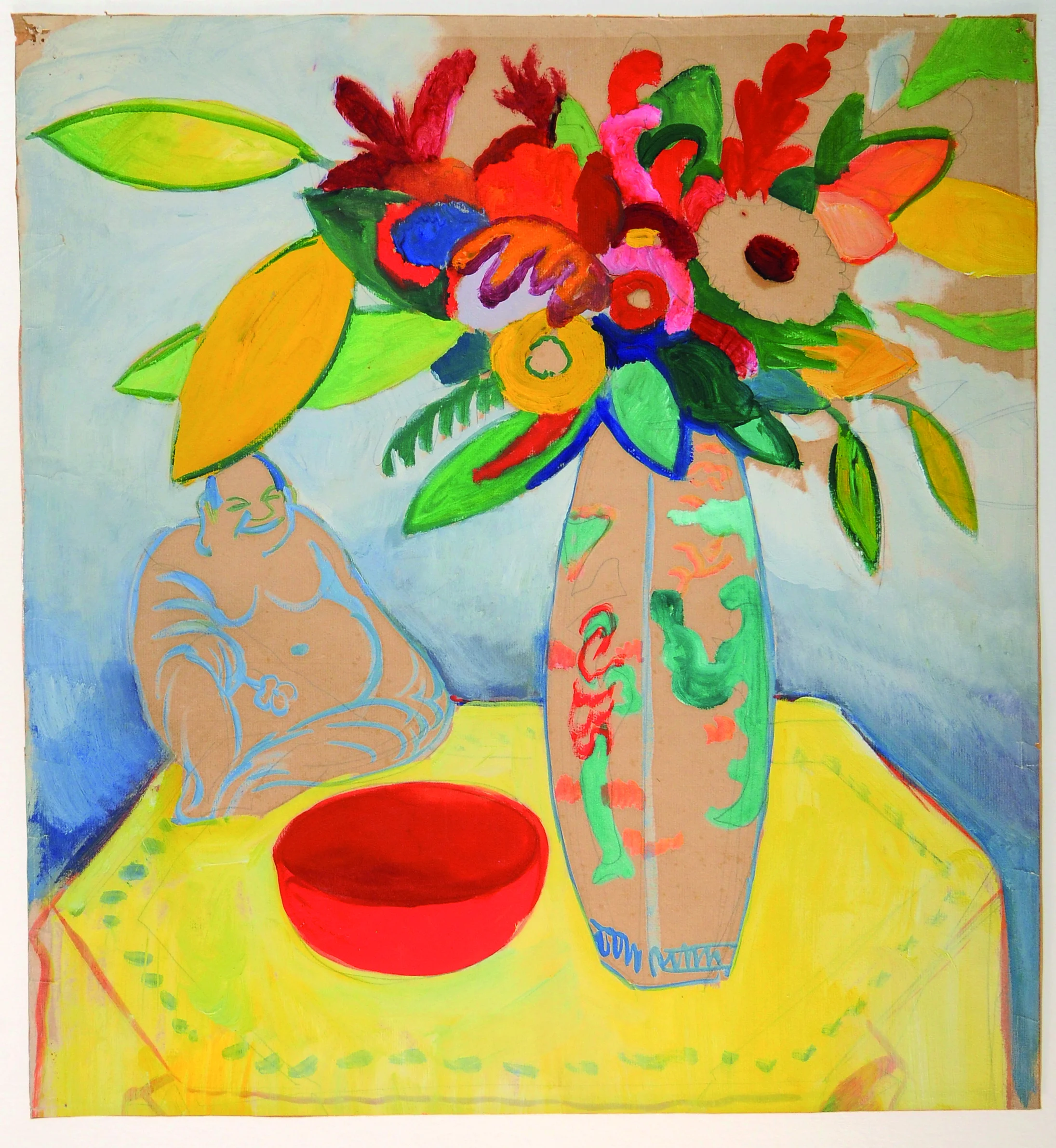 August Macke, Stillleben mit Strauß und Buddha, 1910, Öl auf Papier, 51 × 47 cm, MAMH, Dauerleihgabe.webp