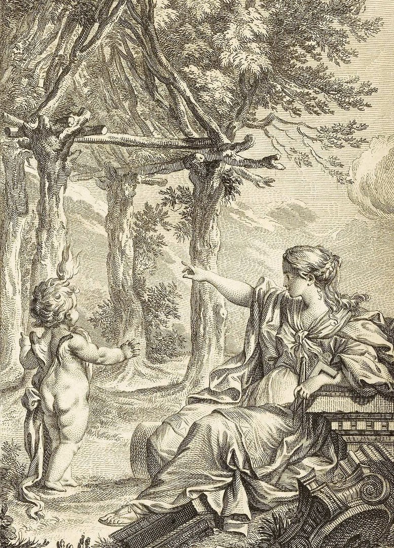 Marc-Antoine Laugier, Essai sur l'Architecture, 1755 (Frontispiz: Jacques Aliamet nach Charles Eisen)