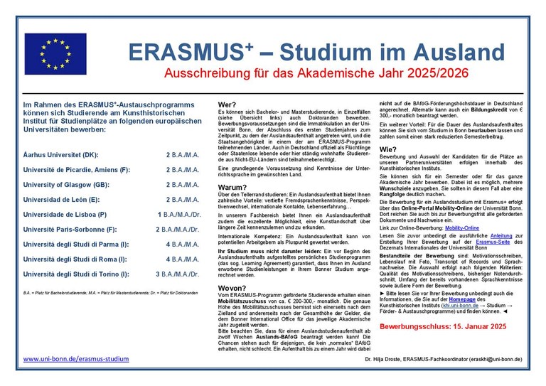 ERASMUS+ – Studium im Ausland Ausschreibung für das Akademische Jahr 2025/2026
